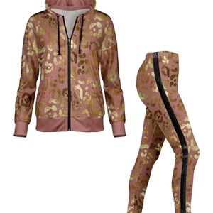 Pink and Gold Leopard Zip-Up Hoodie & Side Stripe Leggings 2 PC.